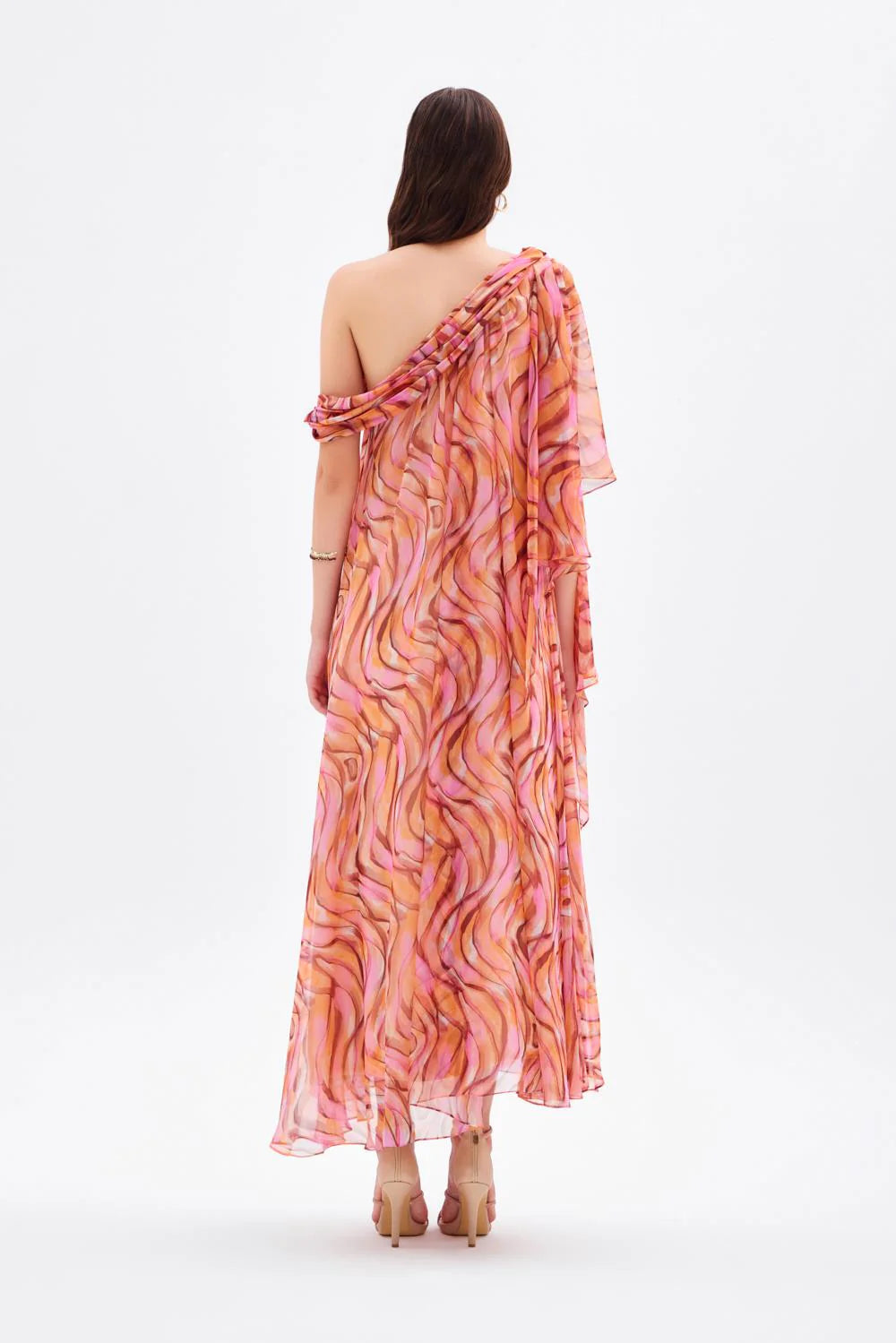 DÜŞÜK OMUZLU ŞİFON MİDİ ABİYE ELBİSE - 9081C