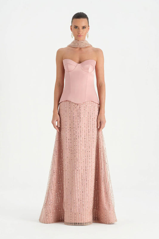 فستان سهرة بكورسيه مزين بتطريز الأحجار مع شال – 26060C