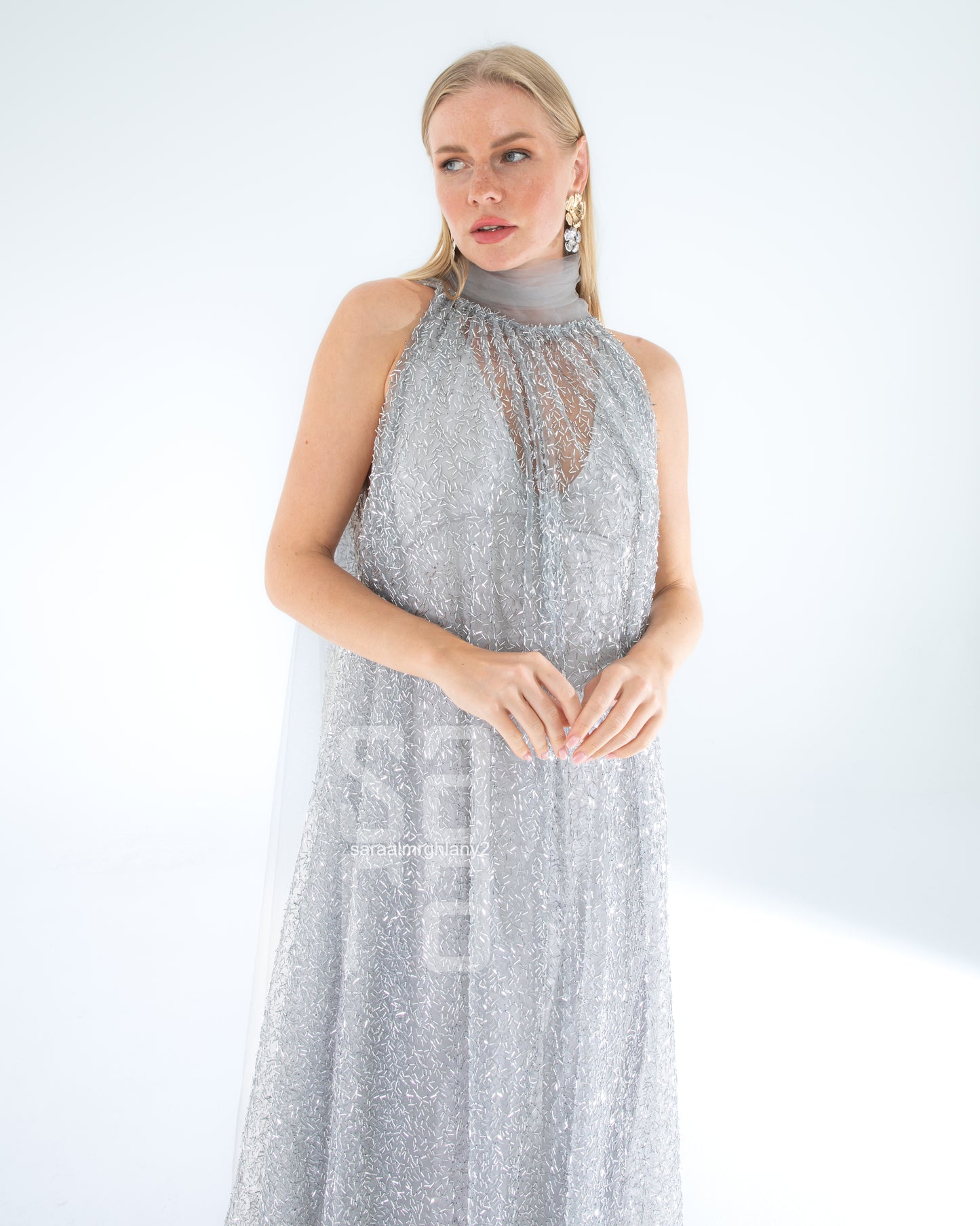 Payetli Kolsuz Uzun Abiye Elbise