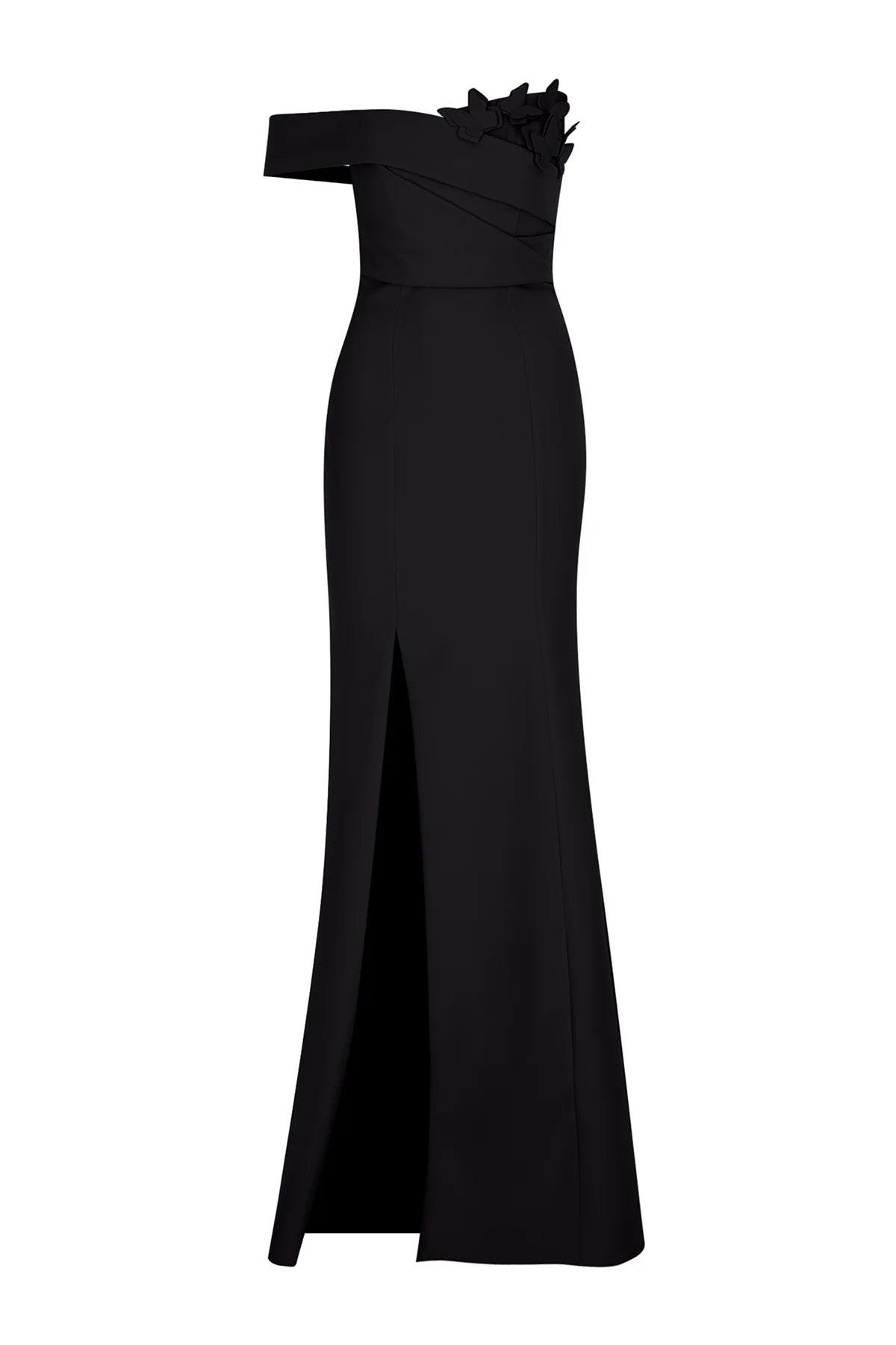 TEK OMUZ VE YIRTMAÇ DETAYLI KELEBEK APLİKELİ ABİYE ELBİSE2257