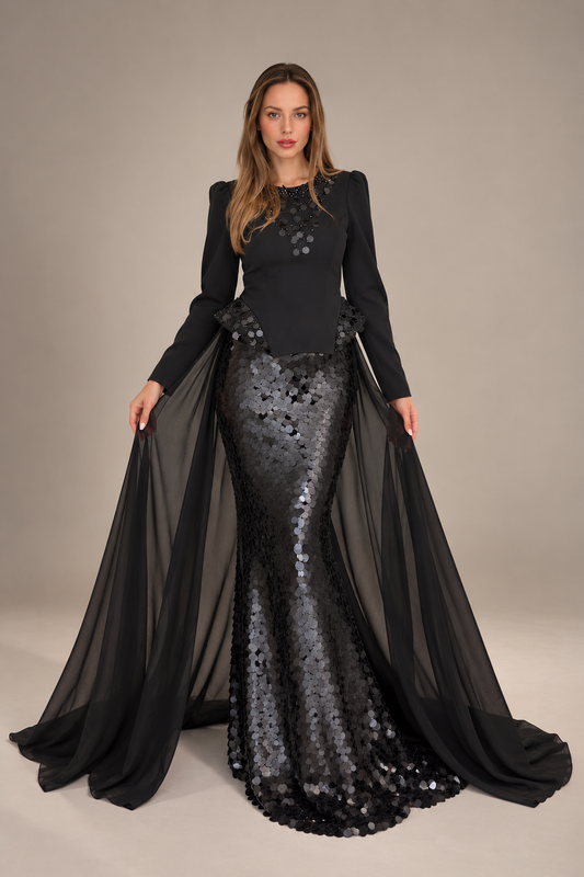 Elegant crepe gown adorned with 1997