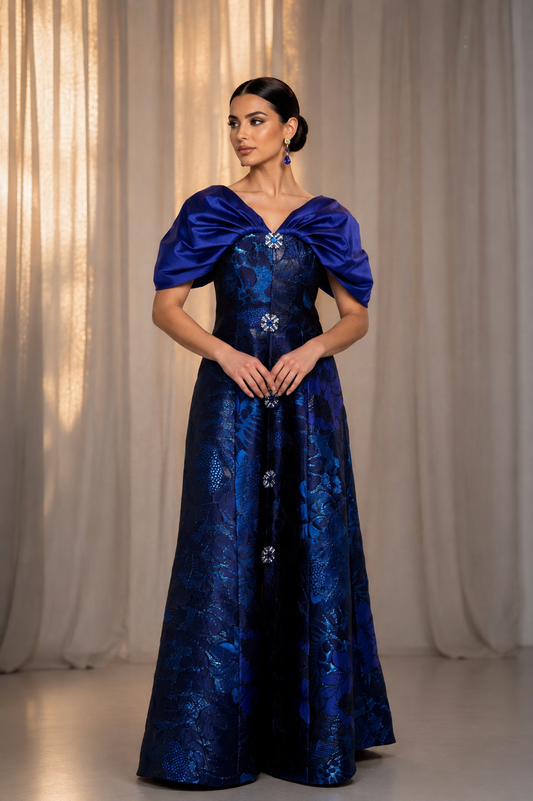Structured Floral Evening Dress with Draped Shoulder Detail