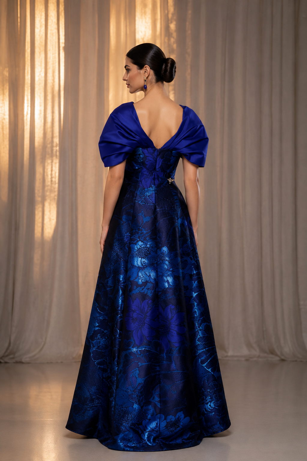 Structured Floral Evening Dress with Draped Shoulder Detail