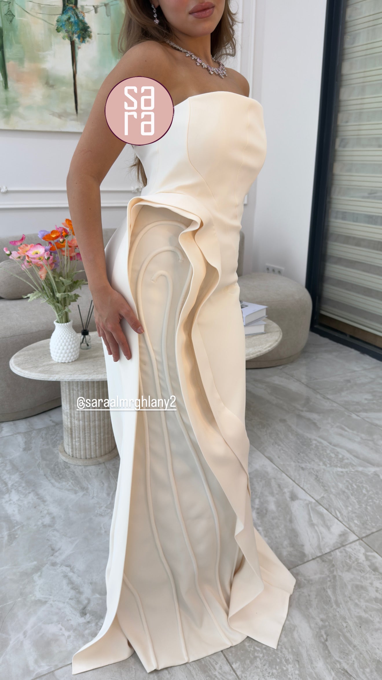 Asimetrik Kesim Drapeli Straplez Uzun Abiye 2223