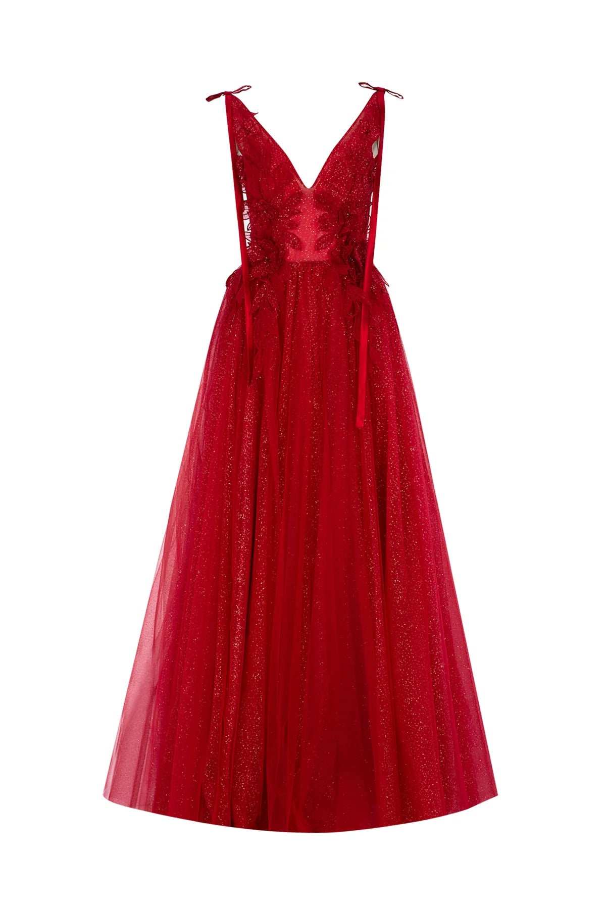 V YAKA ÇİÇEK APLİKELİ TÜL ETEKLİ UZUN ABİYE ELBİSE 2042