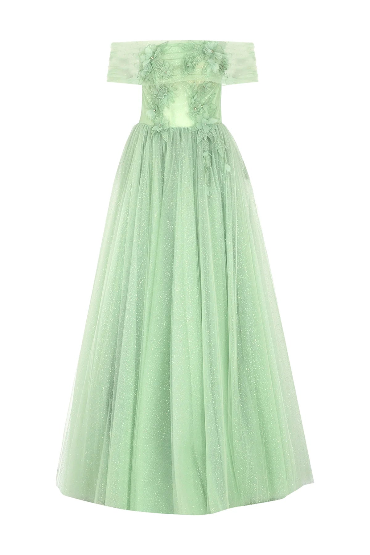 Çiçek Aplikeli Simli Tül Etek Detaylı Uzun Abiye Elbise 2239