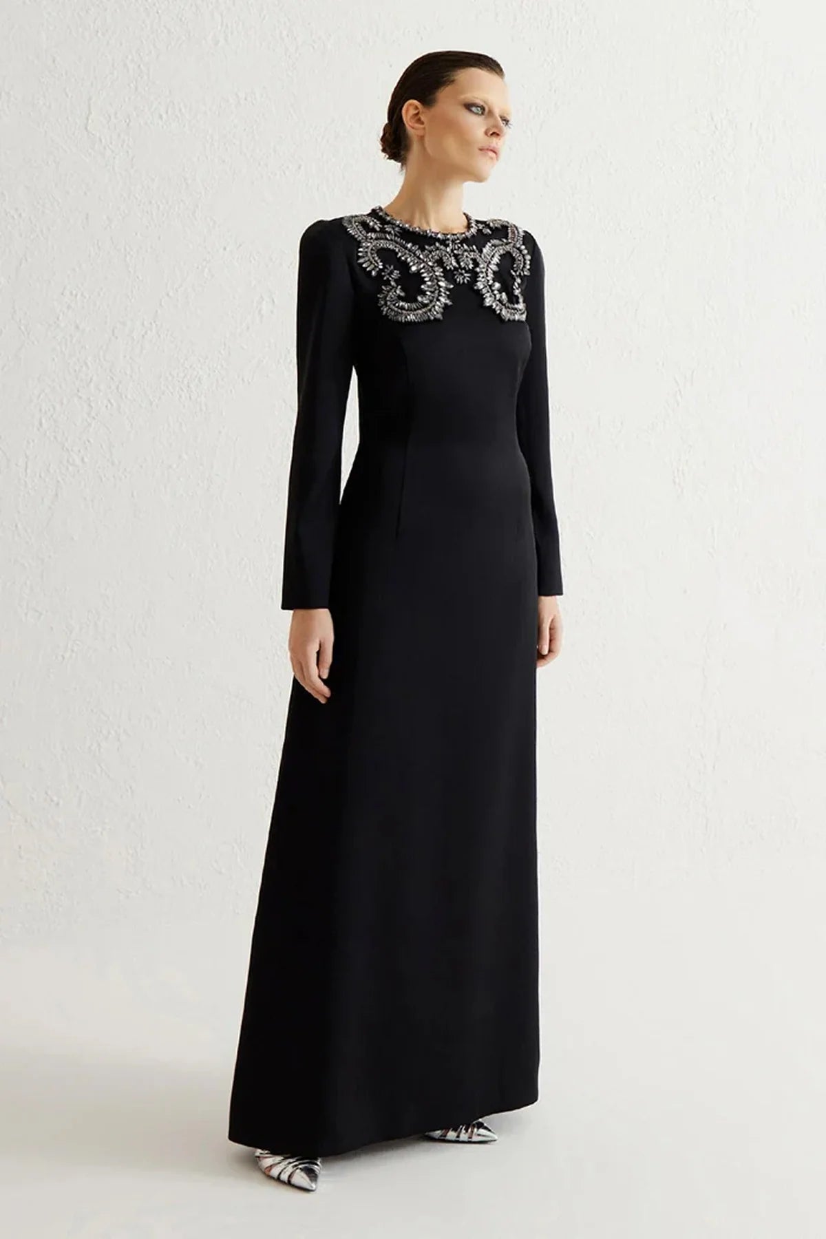 SATEN KASNAK İŞLEME UZUN ELBİSE 2047