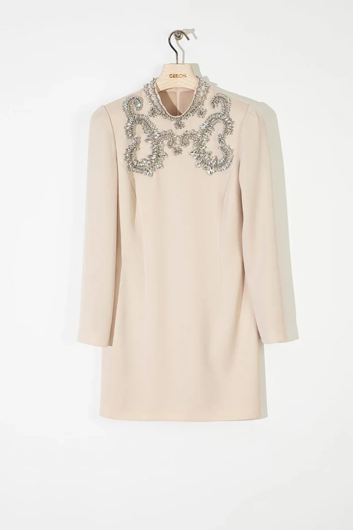 SATEN KASNAK İŞLEME UZUN KOLLU MİNİ ELBİSE