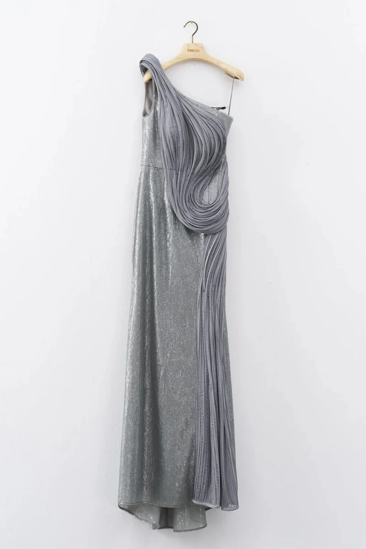 TEK OMUZ PAYETLİ ORGANZE DETAYLI UZUN ABİYE ELBİSE 2031