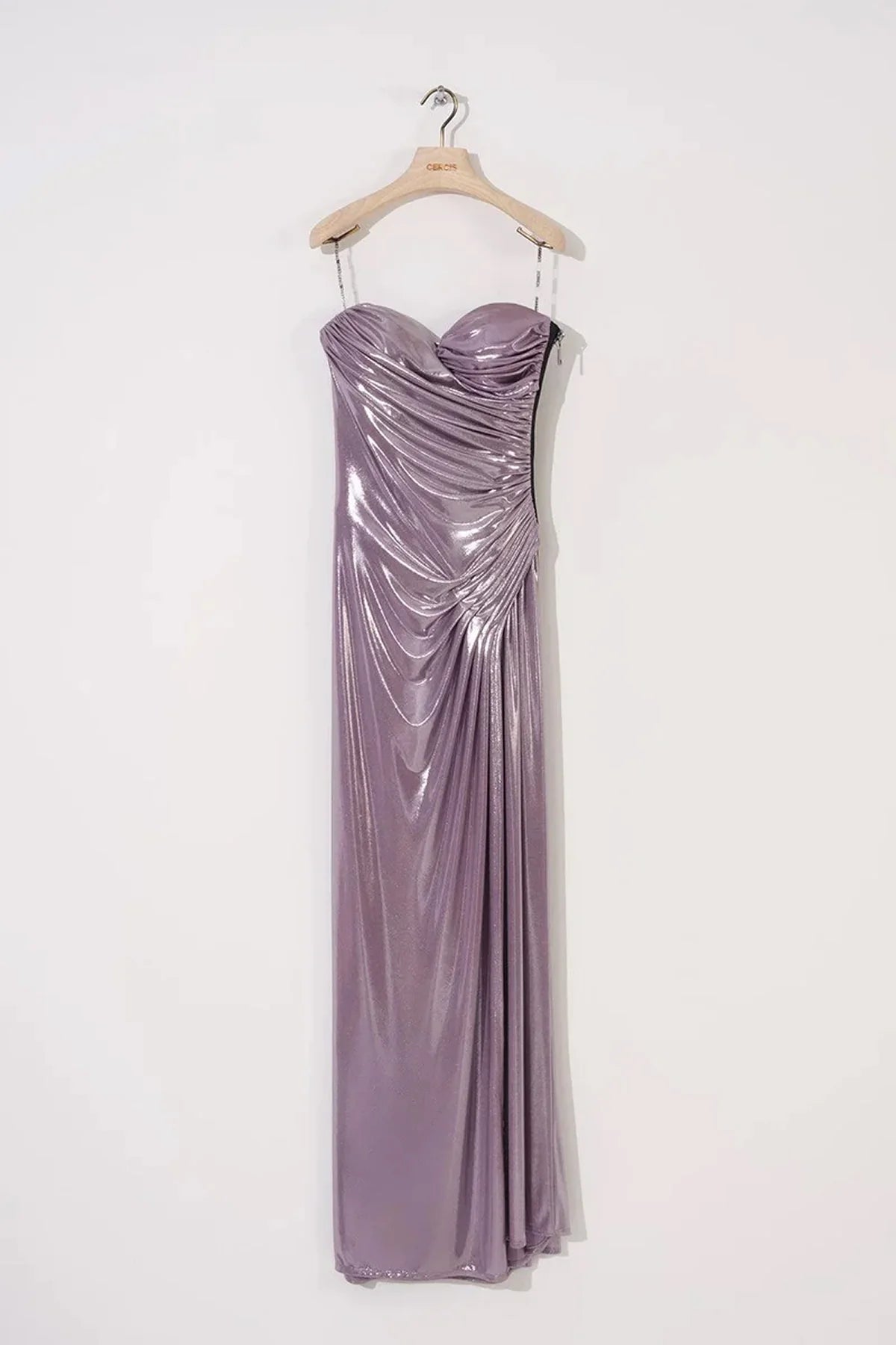 PARLAK STRAPLEZ DRAPELİ YIRTMAÇLI UZUN ELBİSE  2114