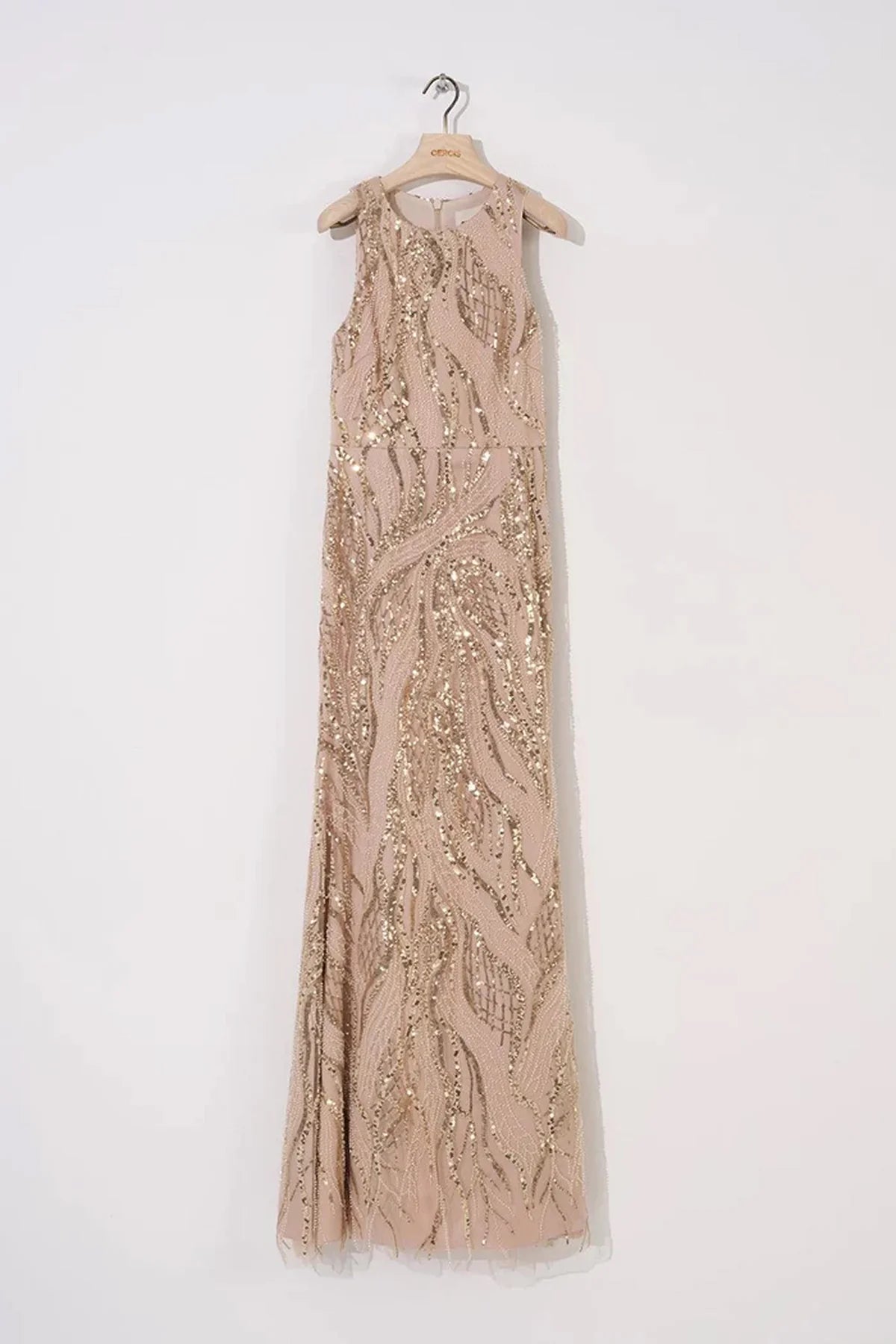 BONCUK İŞİ KOLSUZ UZUN ABİYE ELBİSE