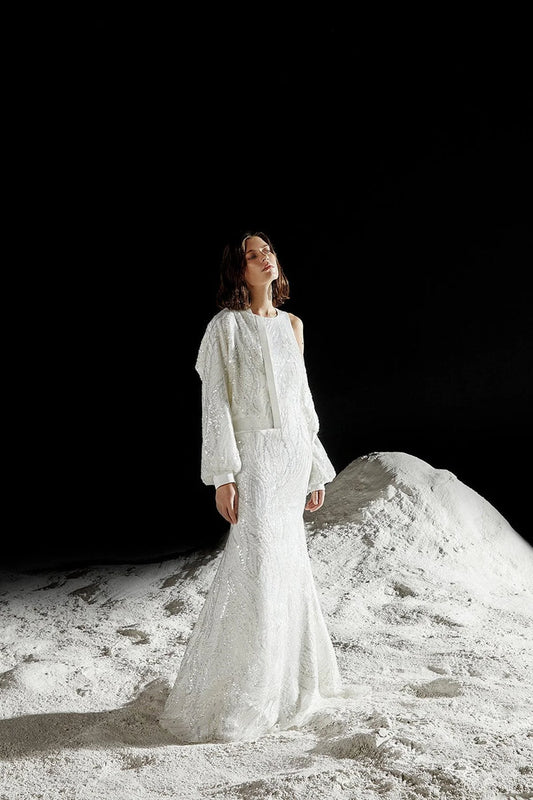 BONCUK İŞİ KOLSUZ UZUN ABİYE ELBİSE