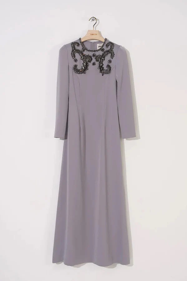 SATEN KASNAK İŞLEME UZUN ELBİSE