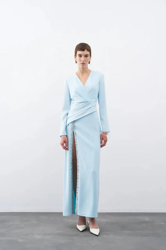 DRAPE VE İŞLEME DETAYLI YIRTMAÇLI UZUN ABİYE ELBİSE 2261