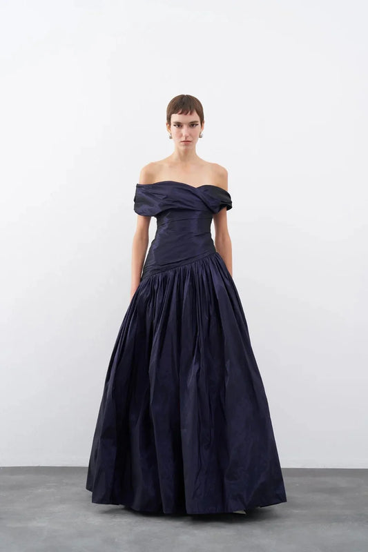 TAFTA KAYIK YAKA KABARIK UZUN ABİYE ELBİSE