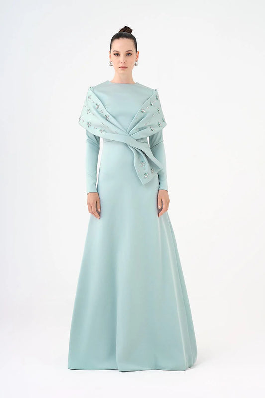 TAŞ İŞLEMELİ ŞALLI SATEN UZUN ABİYE ELBİSE - 9093C