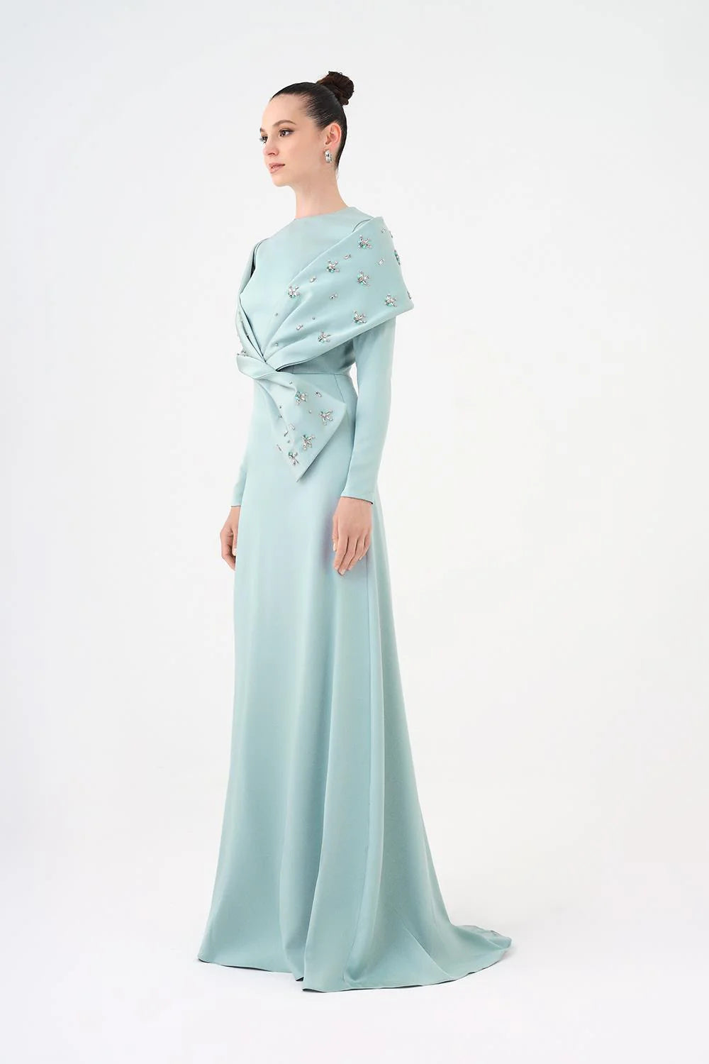 TAŞ İŞLEMELİ ŞALLI SATEN UZUN ABİYE ELBİSE - 9093C