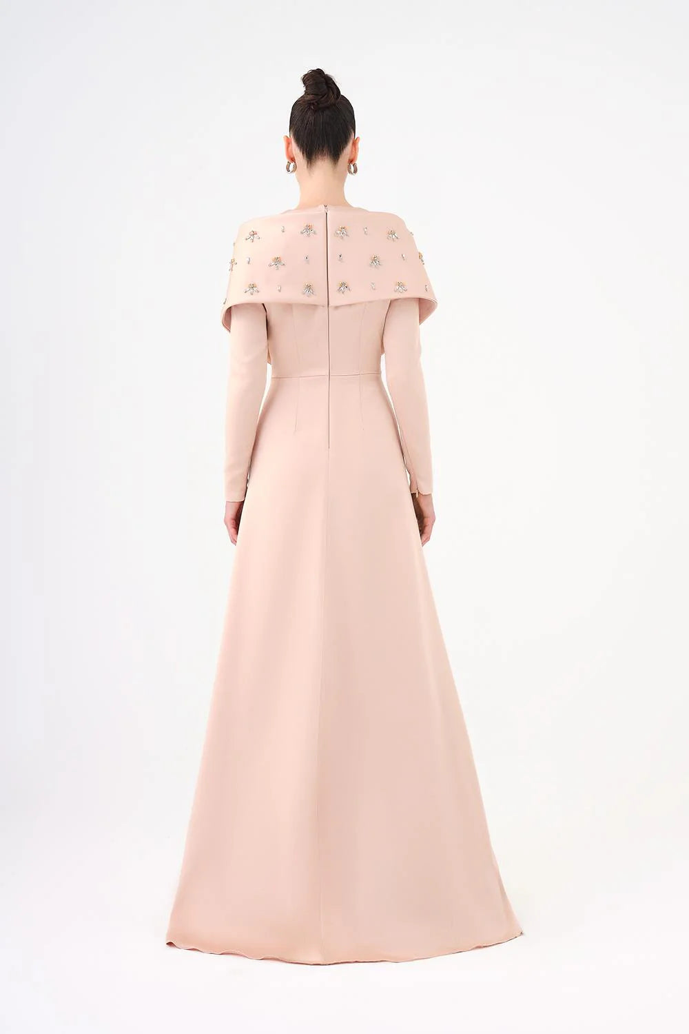 TAŞ İŞLEMELİ ŞALLI SATEN UZUN ABİYE ELBİSE - 9093C