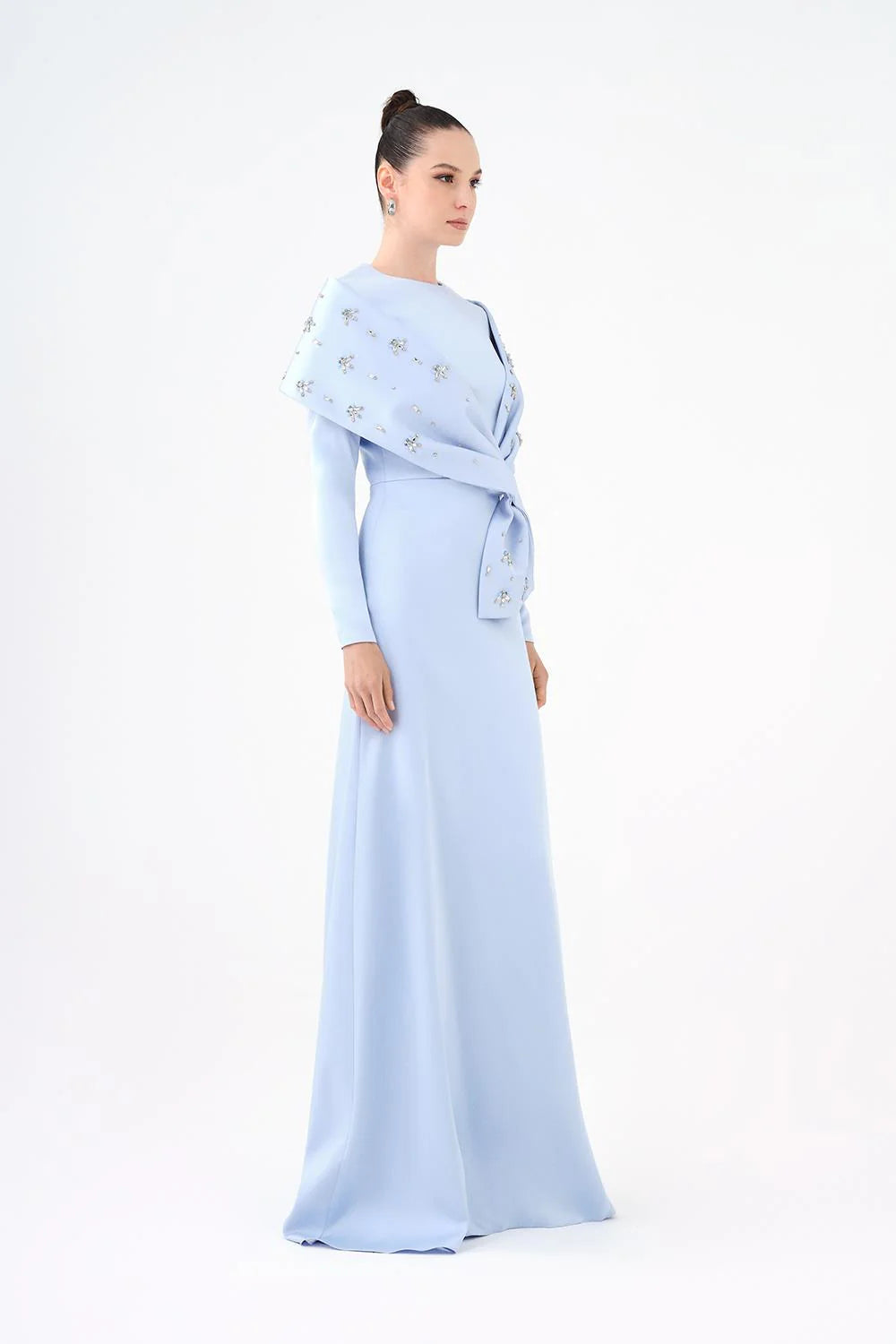 TAŞ İŞLEMELİ ŞALLI SATEN UZUN ABİYE ELBİSE - 9093C