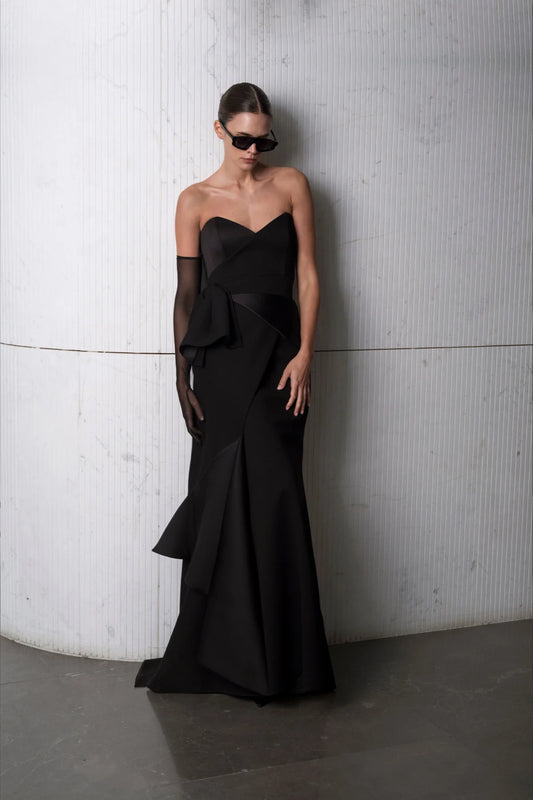 STRAPLEZ FİYONK DETAYLI SATEN UZUN ABİYE ELBİSE