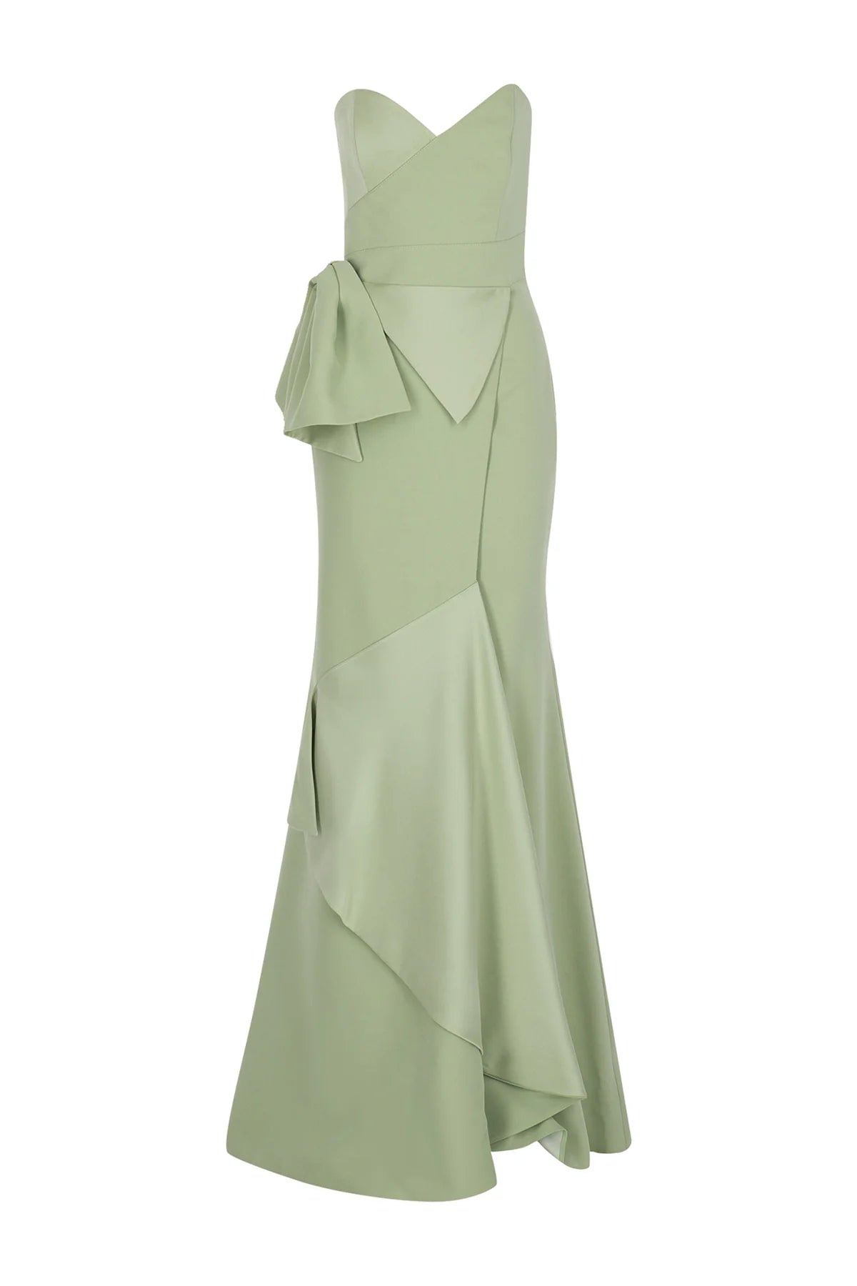 STRAPLEZ FİYONK DETAYLI SATEN UZUN ABİYE ELBİSE