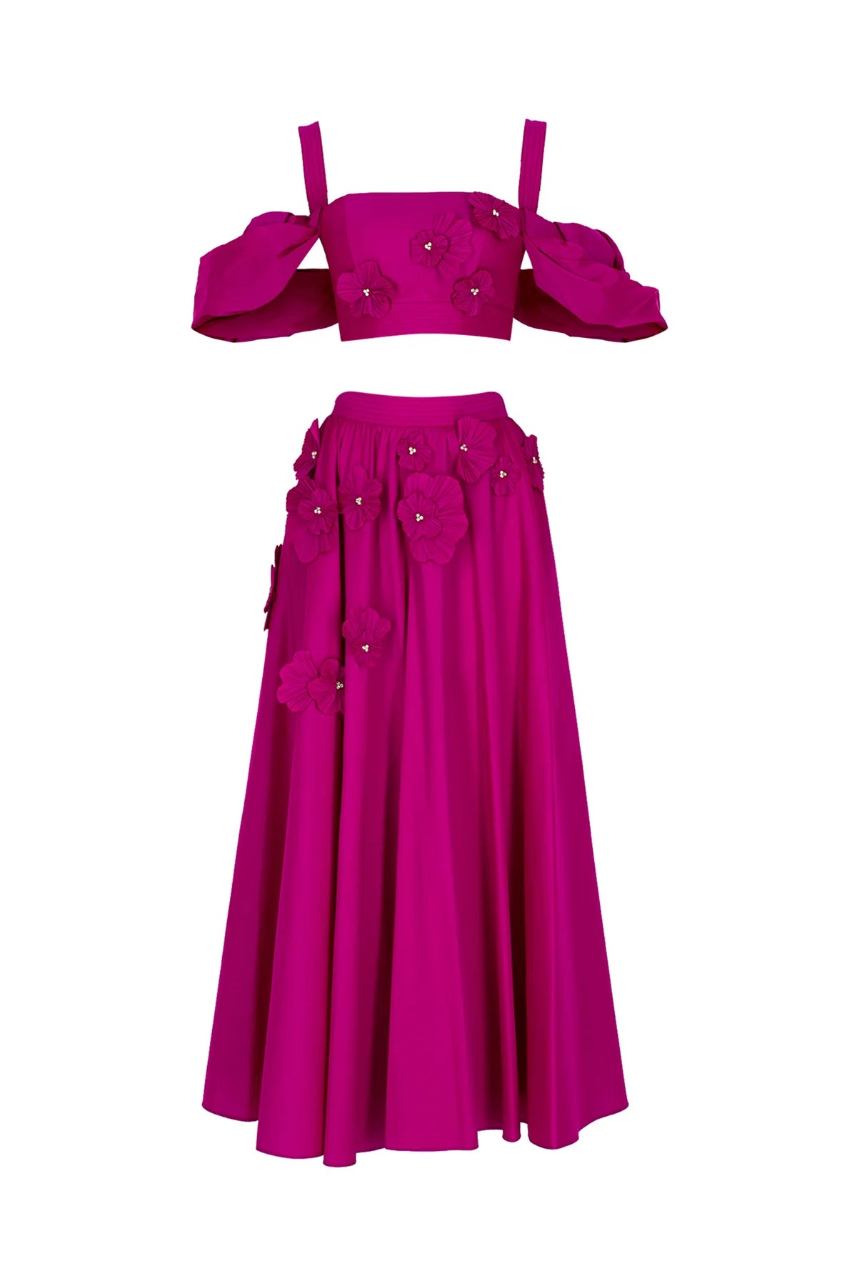 ÇİÇEK APLİKELİ CROP VE KABARIK ETEKLİ ABİYE TAKIM