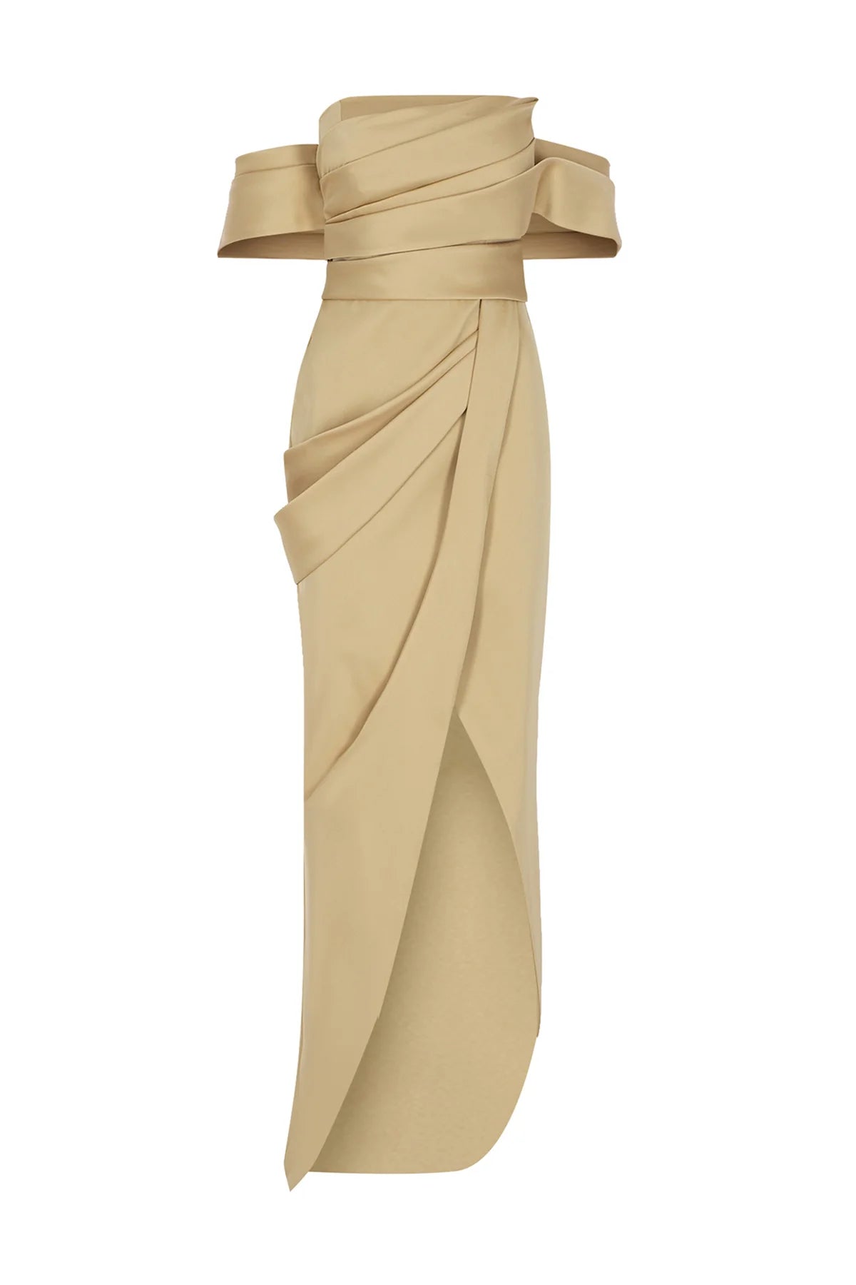 OMUZ AÇIK DRAPELİ YIRTMAÇ DETAYLI UZUN ABİYE ELBİSE