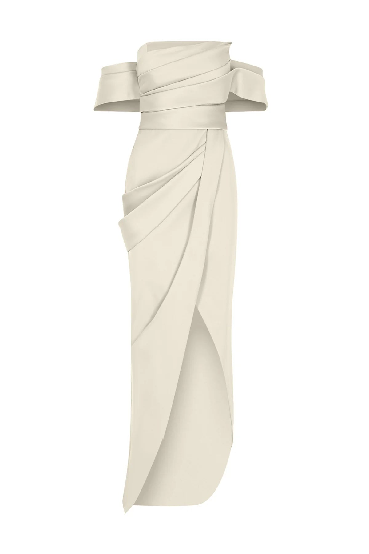 OMUZ AÇIK DRAPELİ YIRTMAÇ DETAYLI UZUN ABİYE ELBİSE