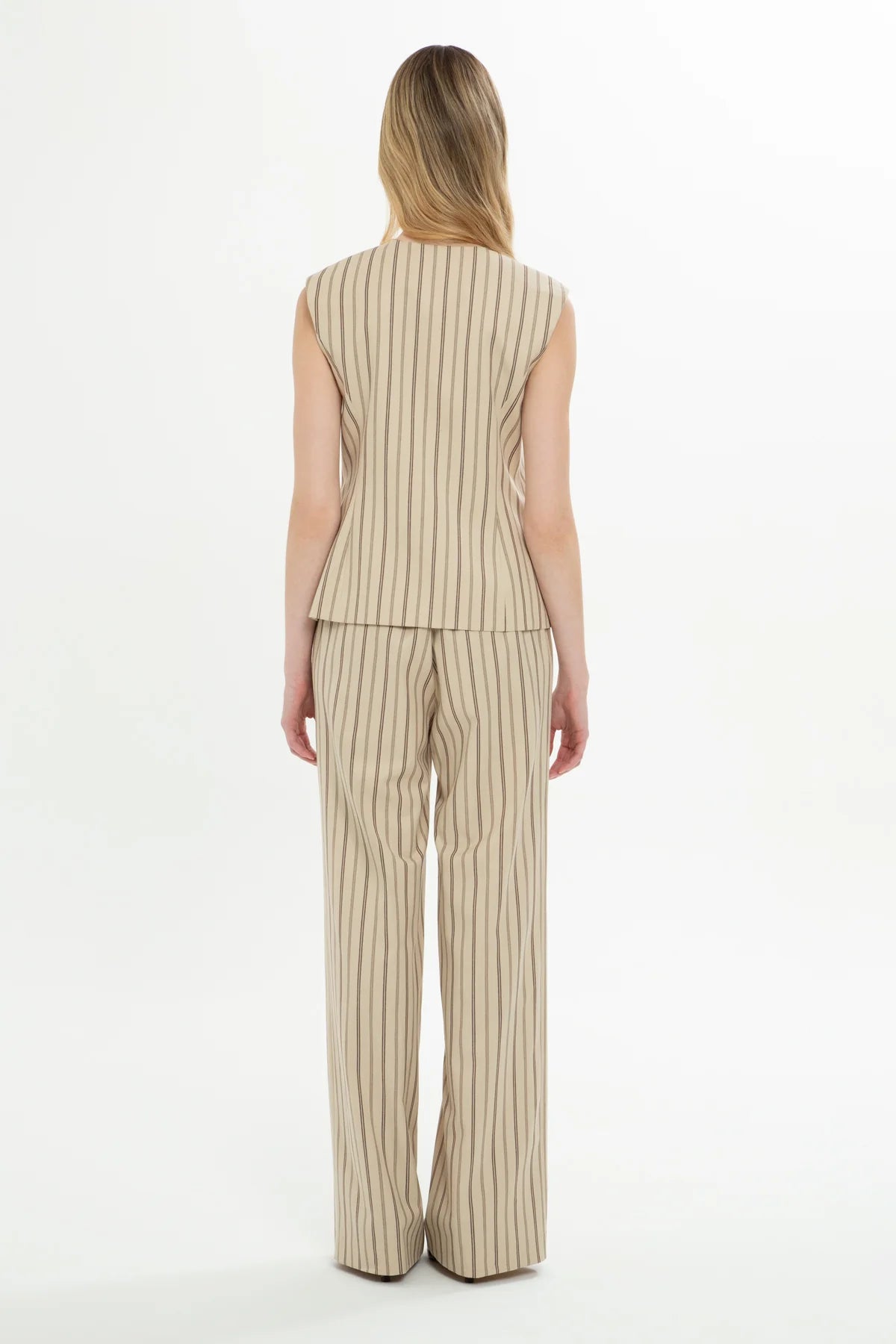 Yelekli Ve Palazzo Pantolonlu Çizgili Takım