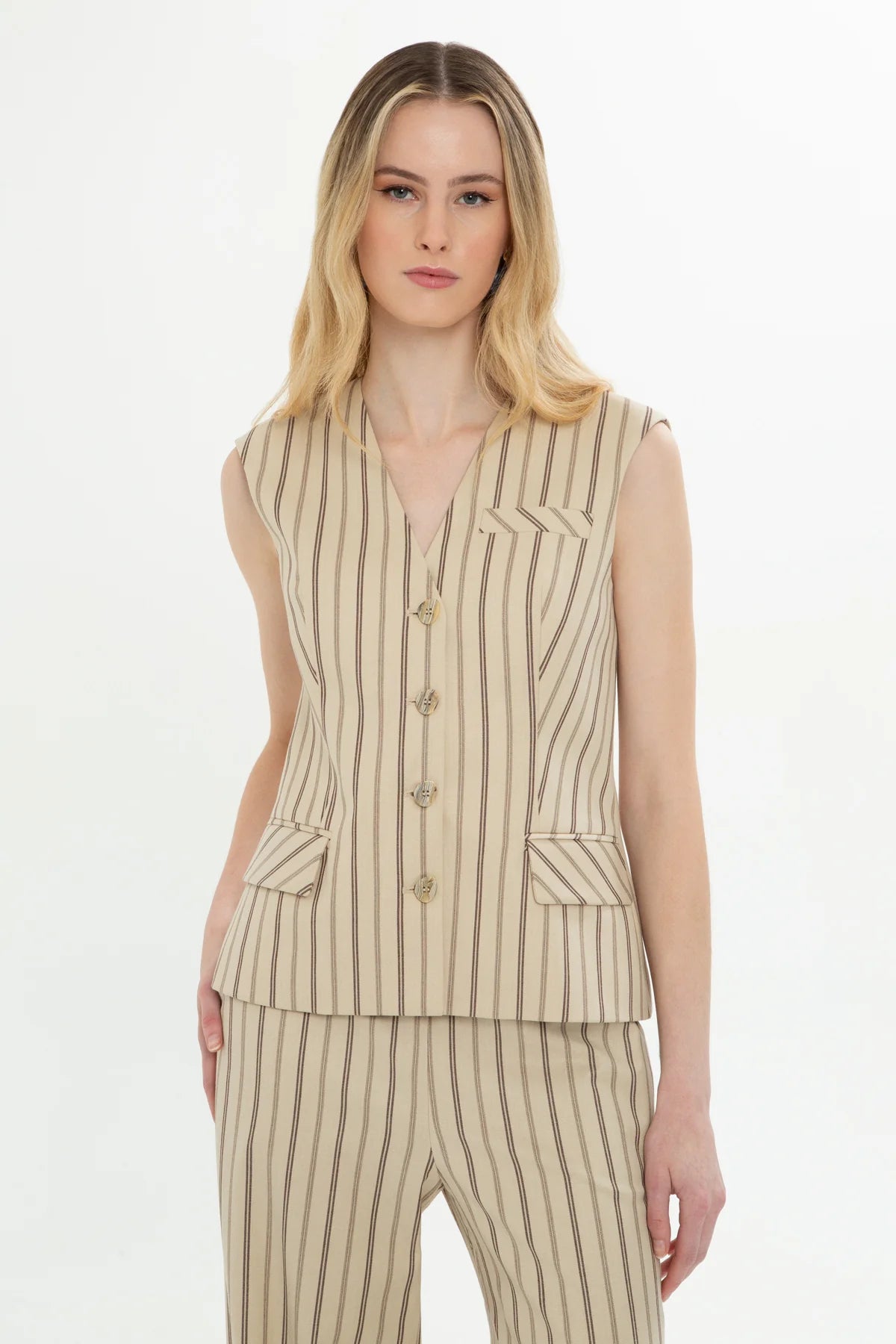 Yelekli Ve Palazzo Pantolonlu Çizgili Takım