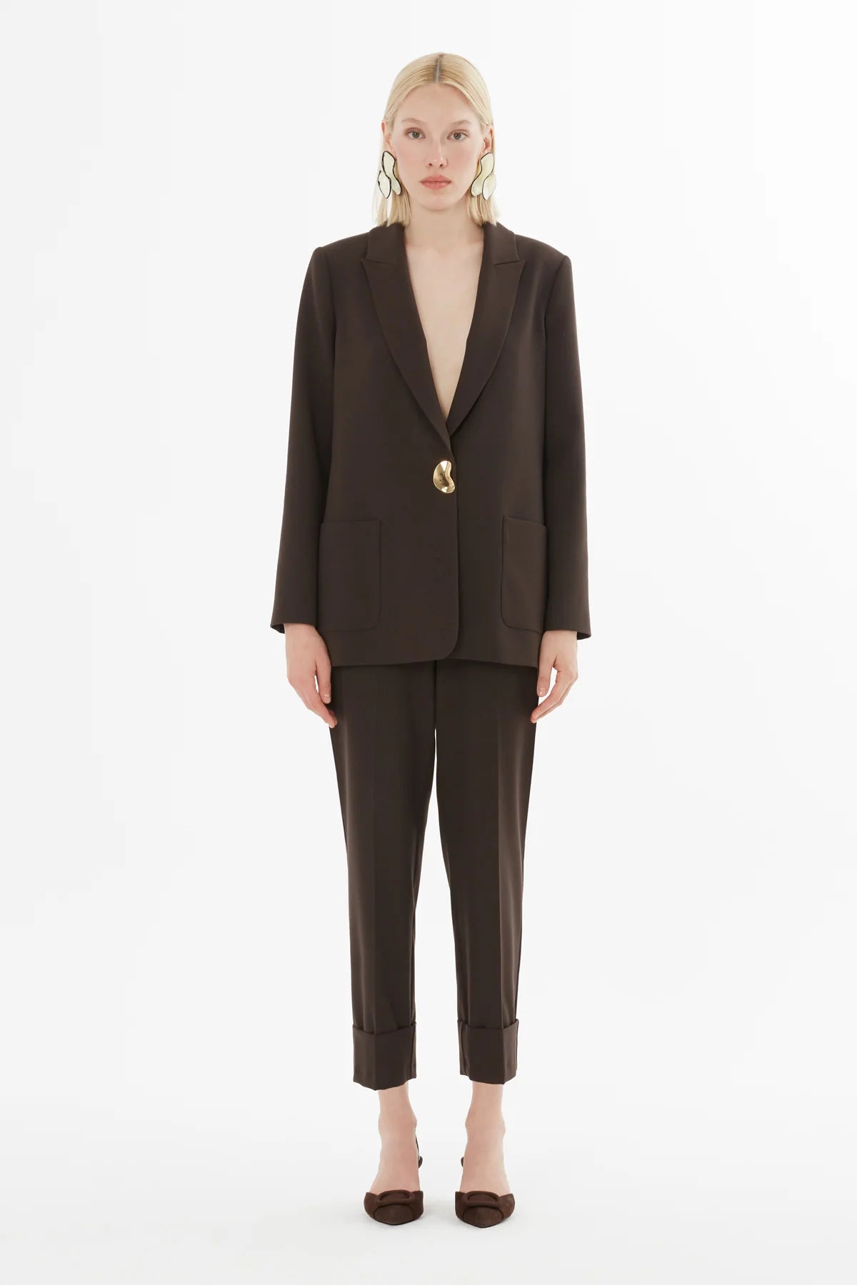 Metal Düğmeli Duble Paçalı Beli Lastikli Pantolonlu Takım