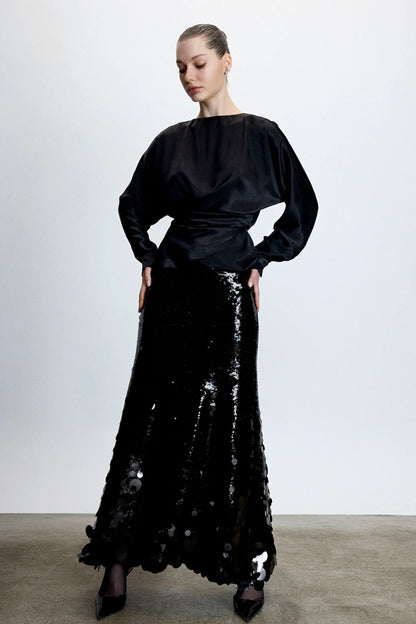 Sequin Embellished Skirt Set with Draped Satin Blouse 2242