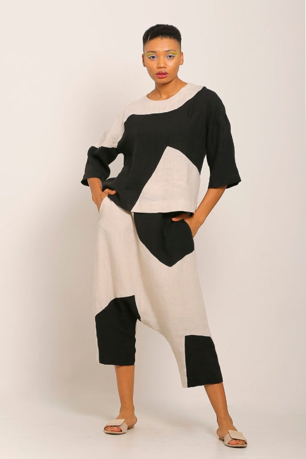 Keten İki Renkli Şalvar - Bej