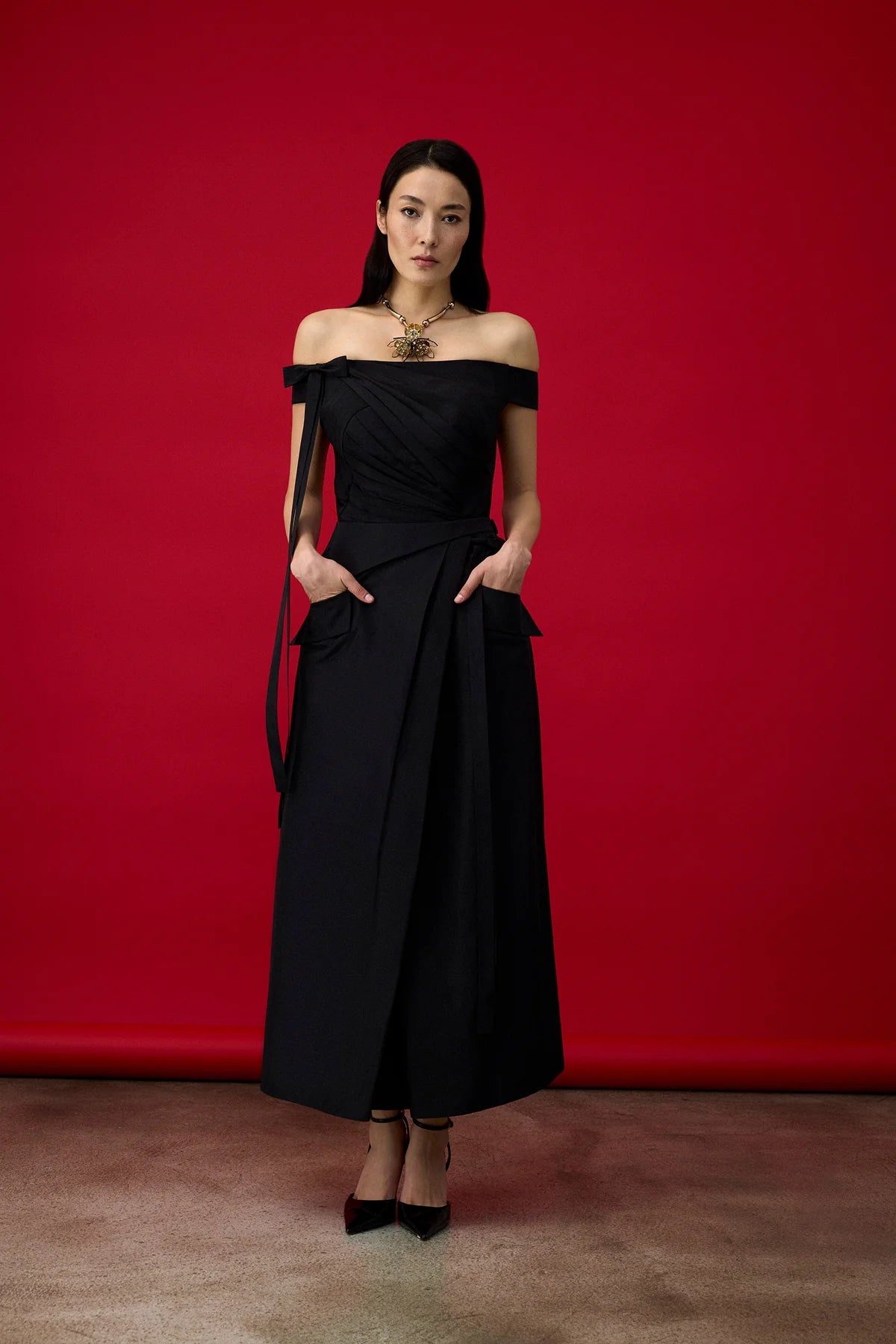 Omuz Dekolteli Drapeli Cepli Midi Abiye Elbise 1200