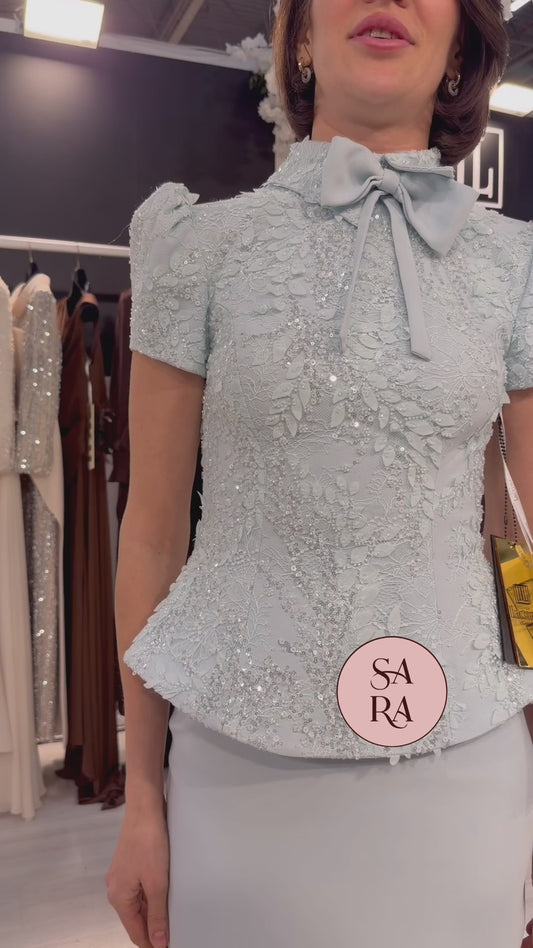 Embellished Lace Peplum Set with Bow Neck Detail 2299